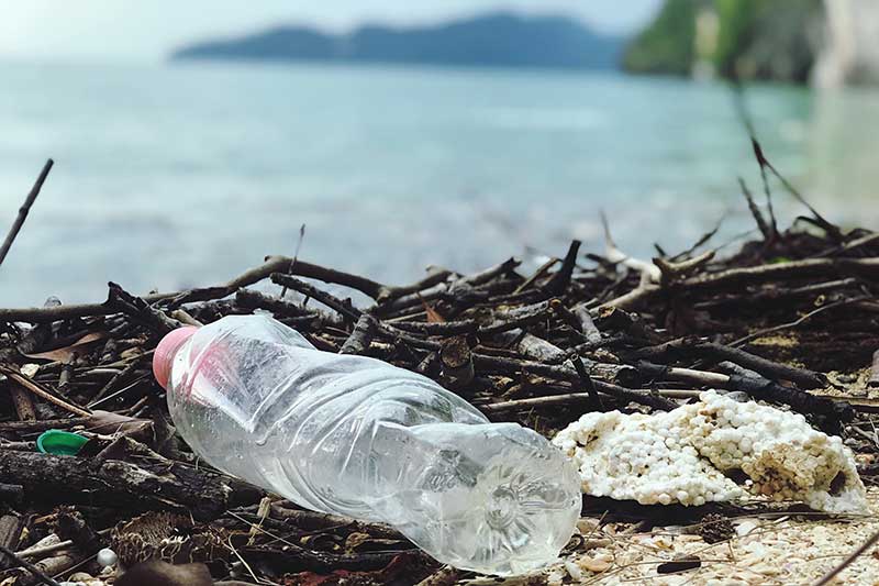 botella de plástico en la playa