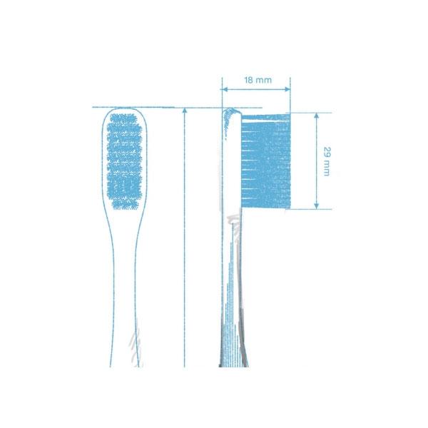 El cepillo de dientes de bambú Hydrophil azul tiene un tamaño del cabezal de 0,18 x 0,29 cm