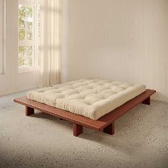 La cama Japan de diseño limpio y minimalista está disponible ahora también en color roso o azul claro