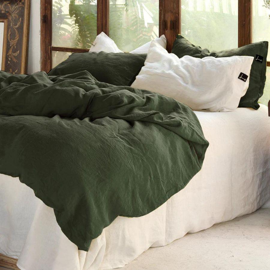 Juego de cama de lino verde hoja