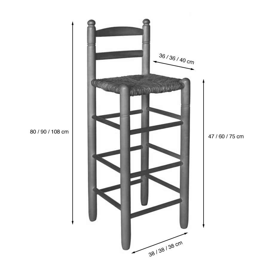 Taburete de madera con respaldo y asiento de enea está disponible en 3 alturas diferentes