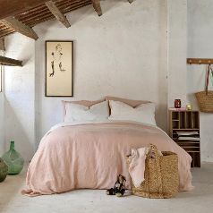 Juego de cama de lino reversible rosa y blanco